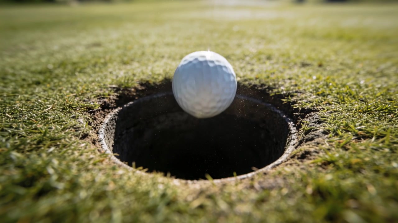 Palla da golf bianca con fossette che cade nella buca su un putting green, la gravità trascina la palla sotto il bordo