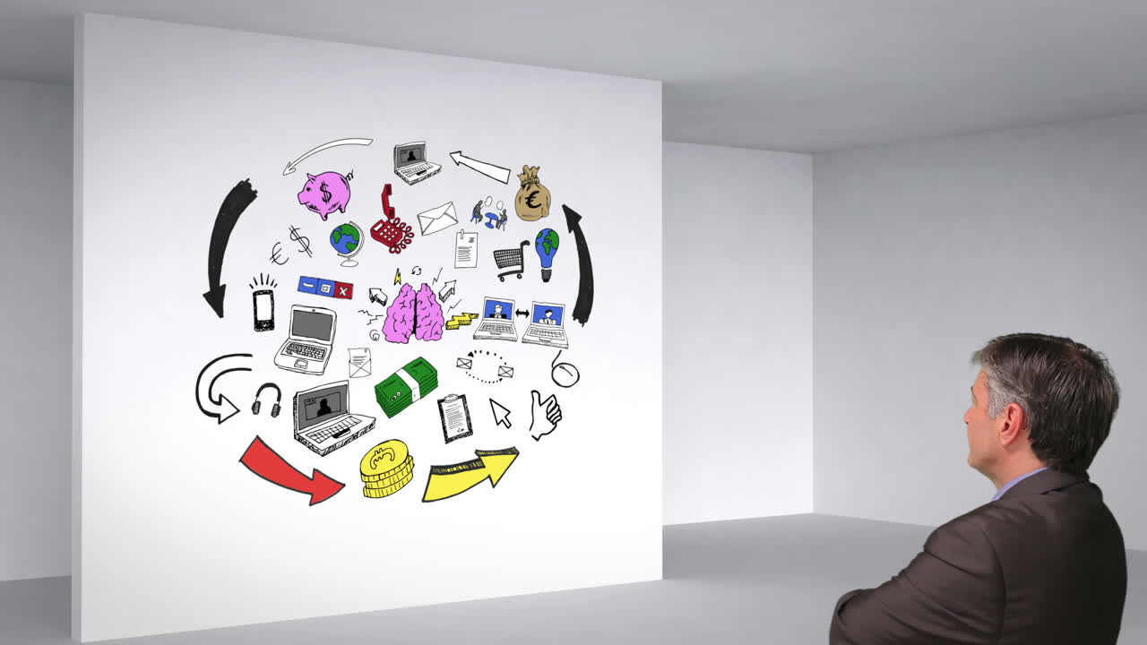 animación a color que muestra habitación 3d y el cerebro teniendo ideas y el hombre mirando
