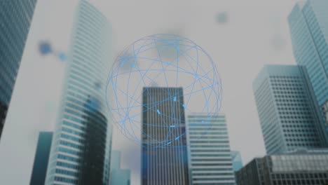 futuristic city skyline with network visualization. blue digital sphere spinning above corporate skyscrapers