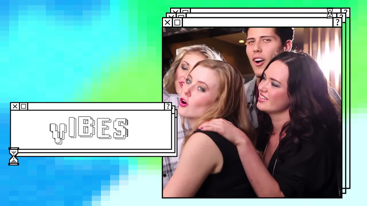 animación de vibraciones en texto blanco en ventana apilada, con amigos felices bailando, en azul y verde