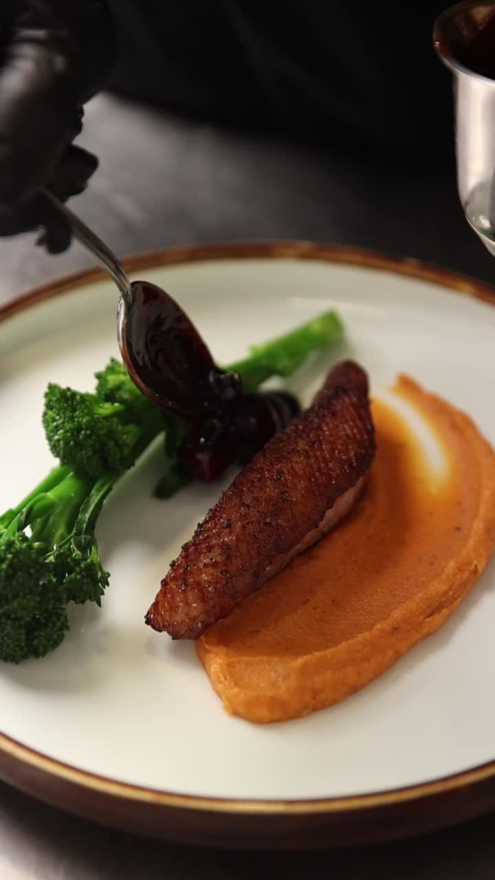 Elegant Dish with Duck, Broccoli, and Sauce