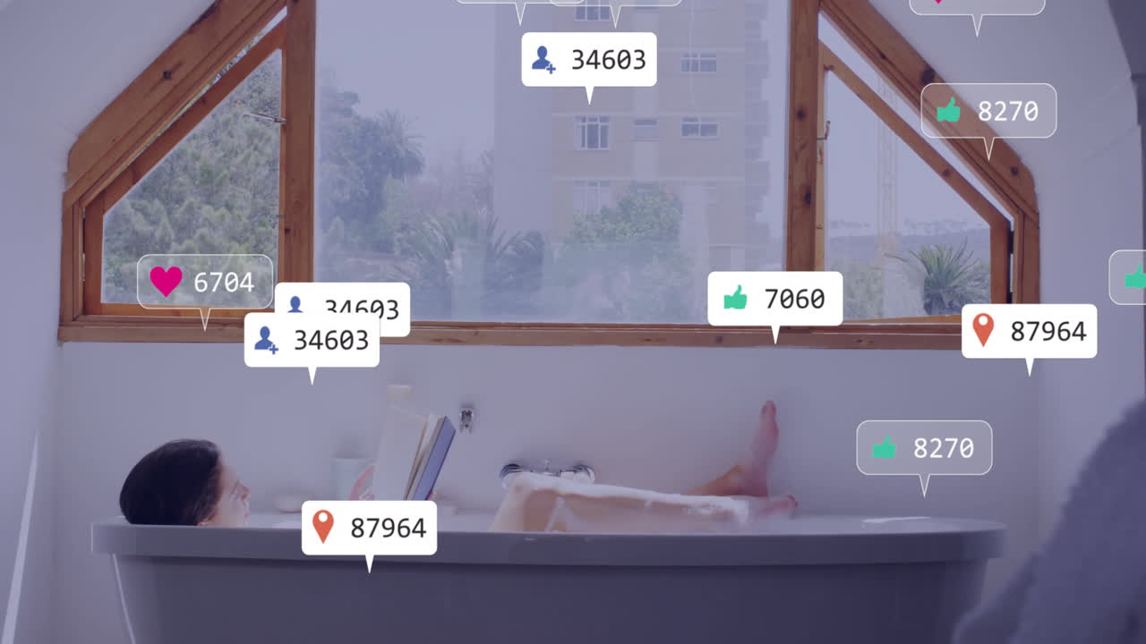 Relaxing in bathtub, person surrounded by animation of social media notifications