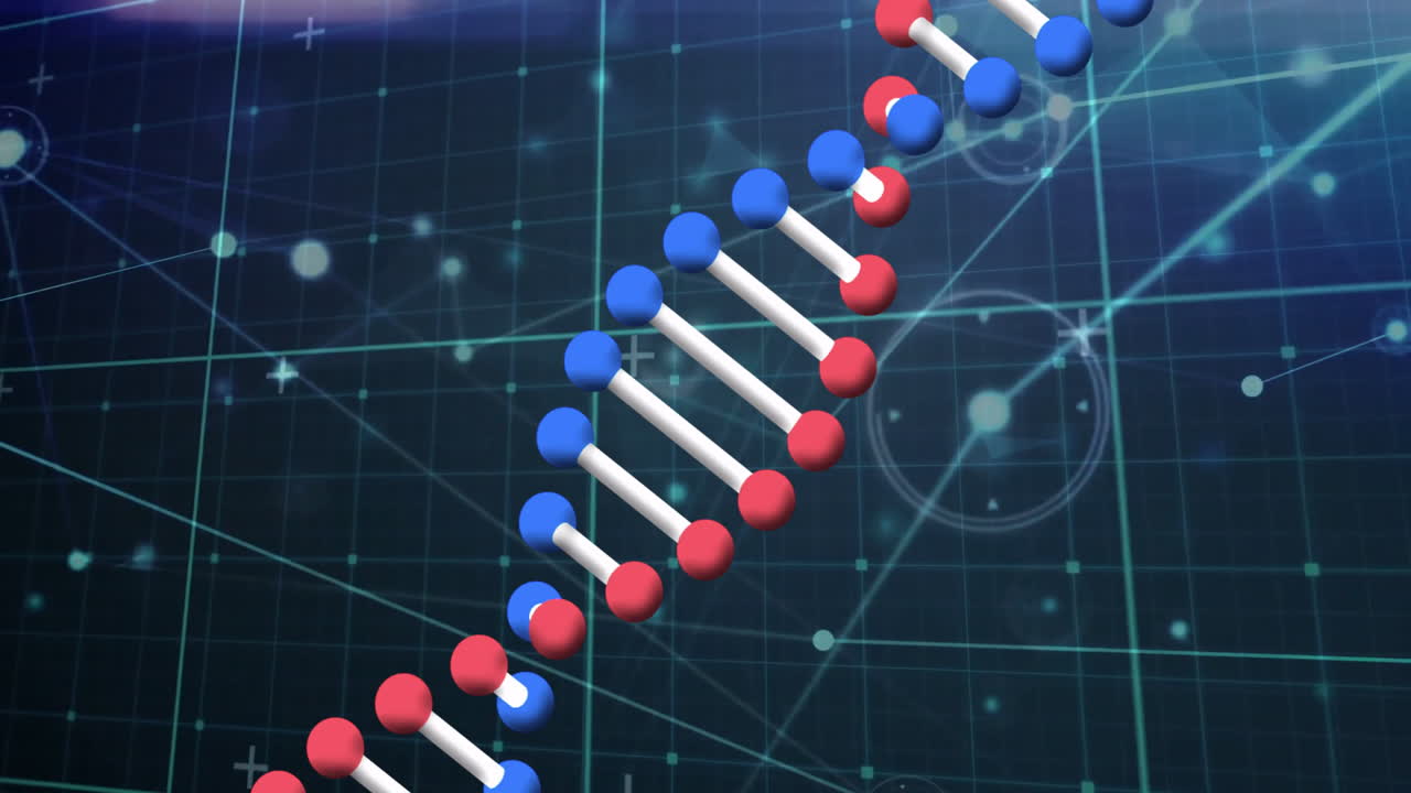 Processing scientific data, animation showing DNA strand with binary coding