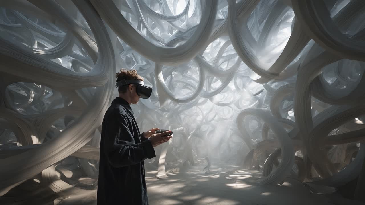 A person immersed in an ethereal and abstract virtual reality environment, exploring intricate, flowing structures while wearing a VR headset and interacting with innovative technology through hand gestures
