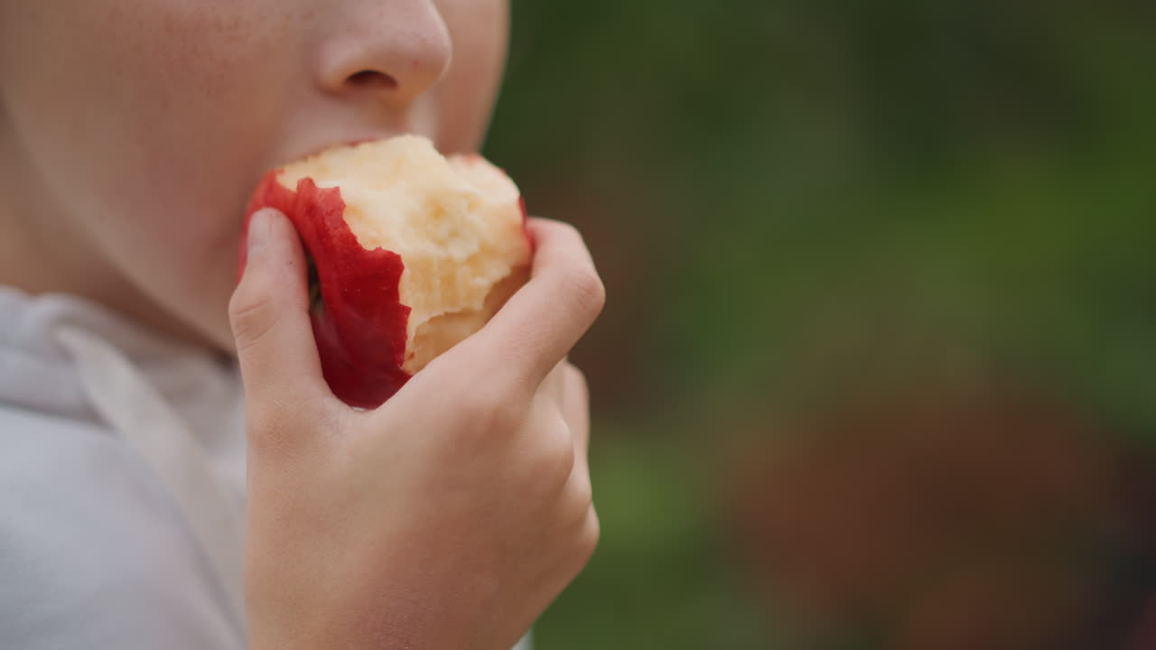 Caucasian child eating red apple, close portrait of hand and mouth as young student savors juicy bite backyard garden setting with soft natural light, peeled skin and visible core, contemplative mood