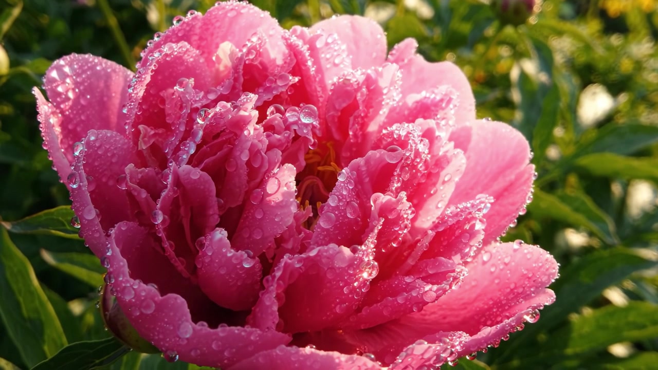 Uno splendido fiore di peonia rosa scintillante di goccioline d'acqua alla luce del mattino, che mostra la bellezza naturale e la freschezza dei fiori primaverili
