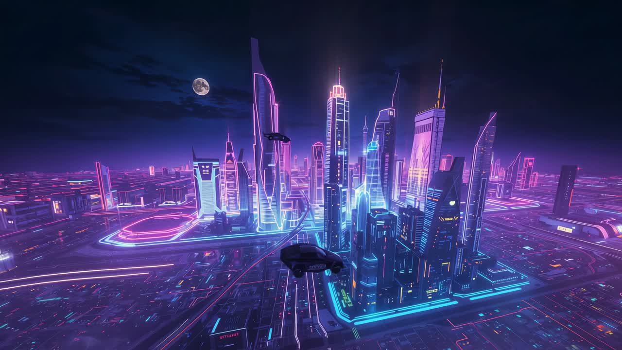Entering neon metropolis two flying vehicles circling central skyscraper cluster beneath full moon