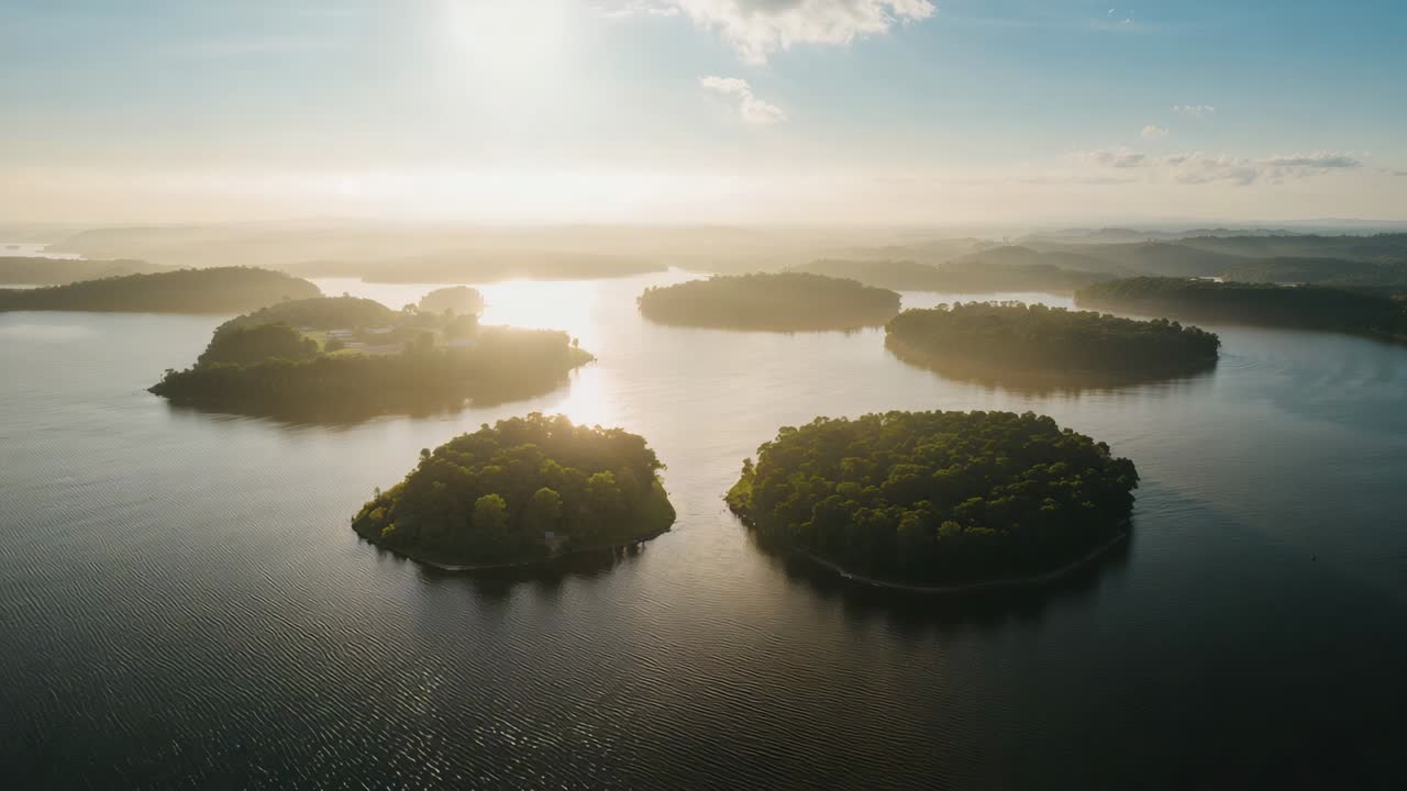 Gliding drone camera initiating forward descent over calm lake, revealing five forested islands