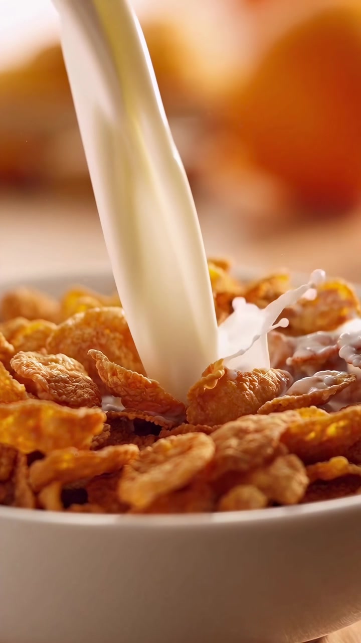 Latte che si versa in una ciotola di cornflakes in slow motion