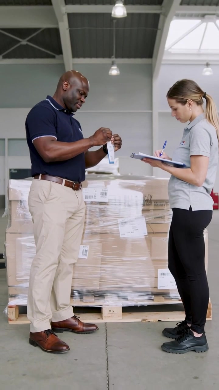Vertical video: Holding tag, both wearing polos verifying shipment at dock with pallet on clipboard
