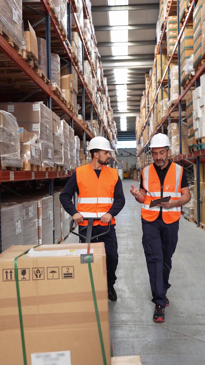 Warehouse Workers Using Pallet Jack and Tablet for Inventory Management