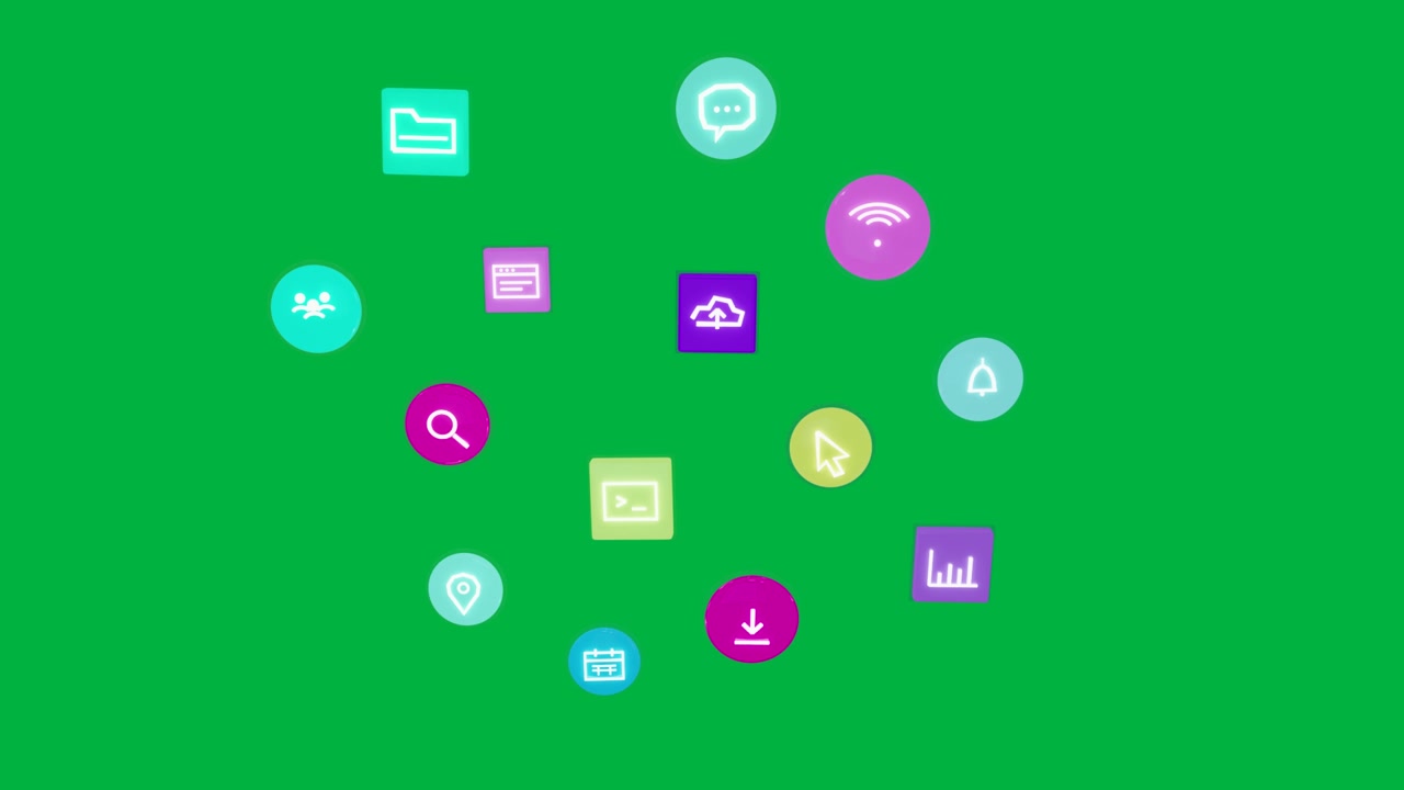 Icone che entrano dai bordi formando un cursore ad anello in movimento, che si rimpicciolisce per mostrare un raggruppamento di app su sfondo trasparente.