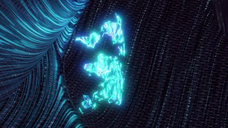 Digital hologram of Earth flat map in neon colors, vertical view