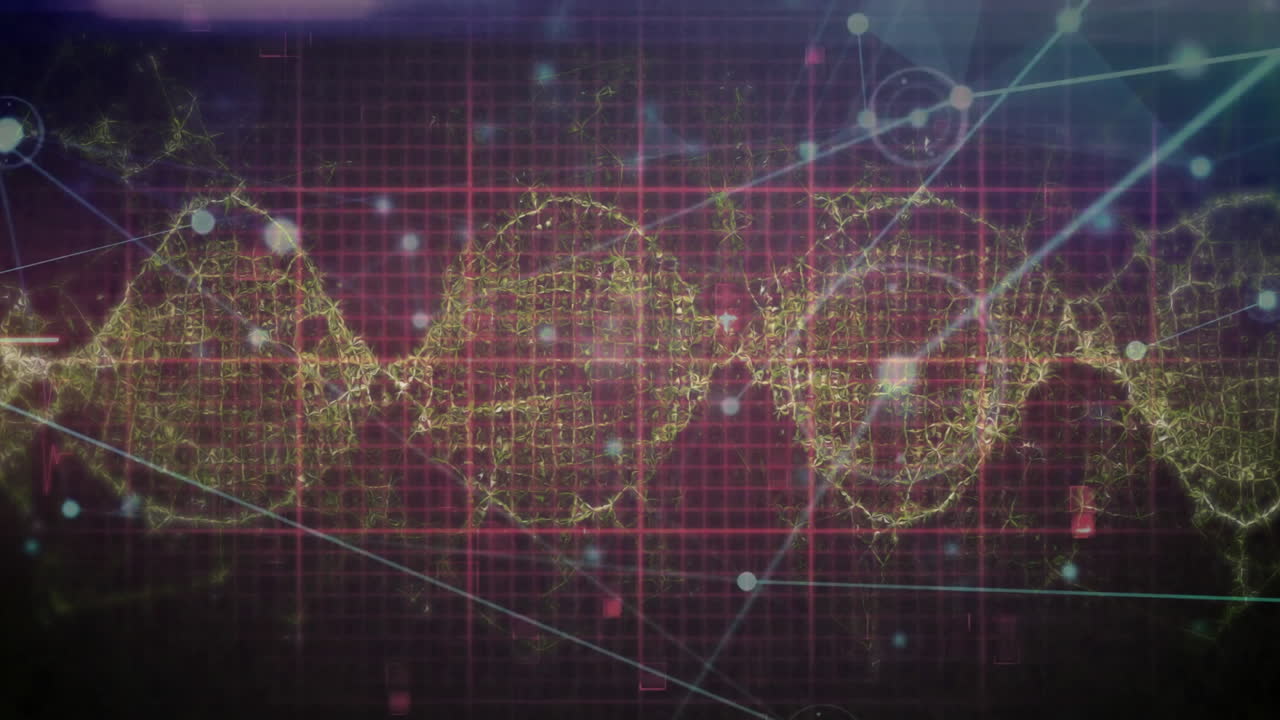 Animating DNA strand and heartbeat over red grid background