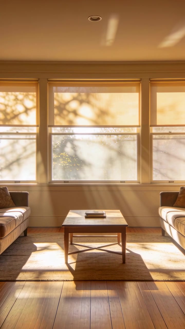 Video verticale: Tavolino da caffè in legno che cattura la luce solare mutevole che inonda la casa, con un libro chiuso.