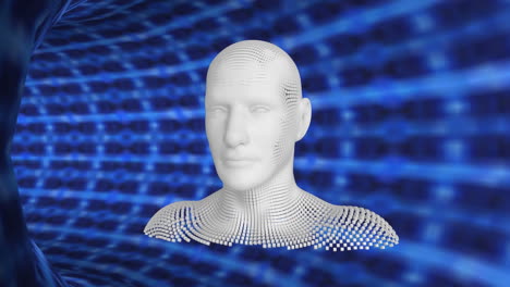 un busto humano en movimiento en un túnel de malla azul brillante