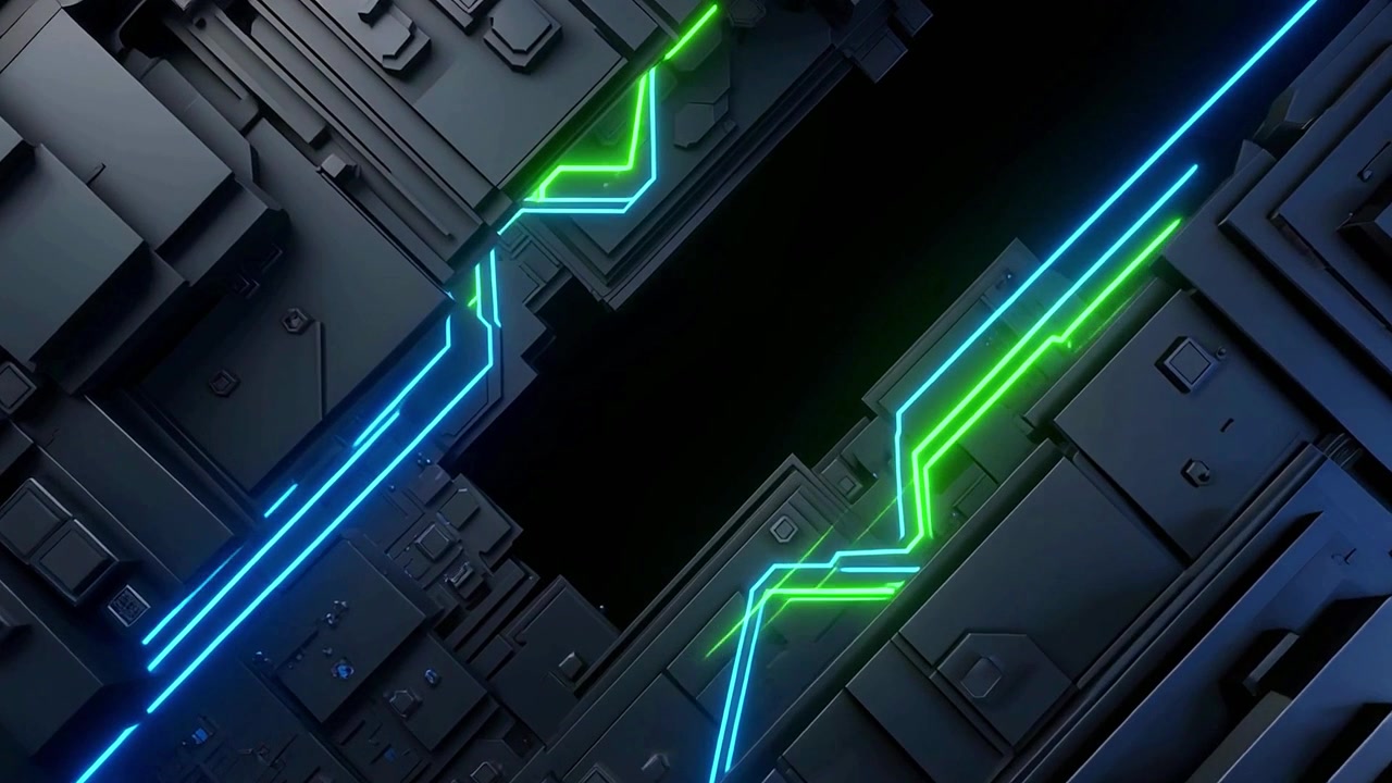 Dynamic Digital Network with Glowing Blue and Green Paths