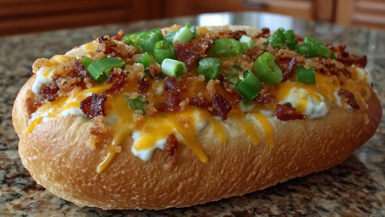 Delizioso hot dog farcito con pancetta croccante, formaggio, cipollotti e salsa cremosa, guarnito con cracker sbriciolati per una croccantezza extra su un piano di lavoro in marmo.