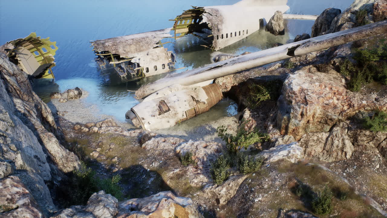 바위가 있는 해안선에서 비행기 추락