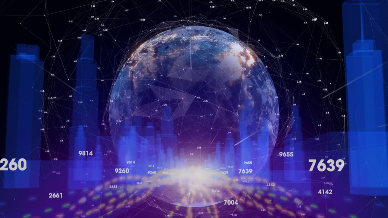 검은 바탕에 3d 도시 모델 위에 회전하는 지구와 빛의 흔적의 애니메이션