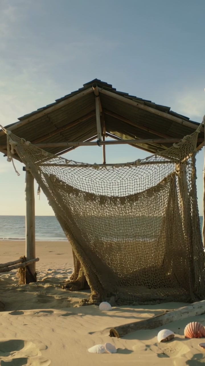 Rustic Fishing Net Hanging from a Hut on a Sandy Beach