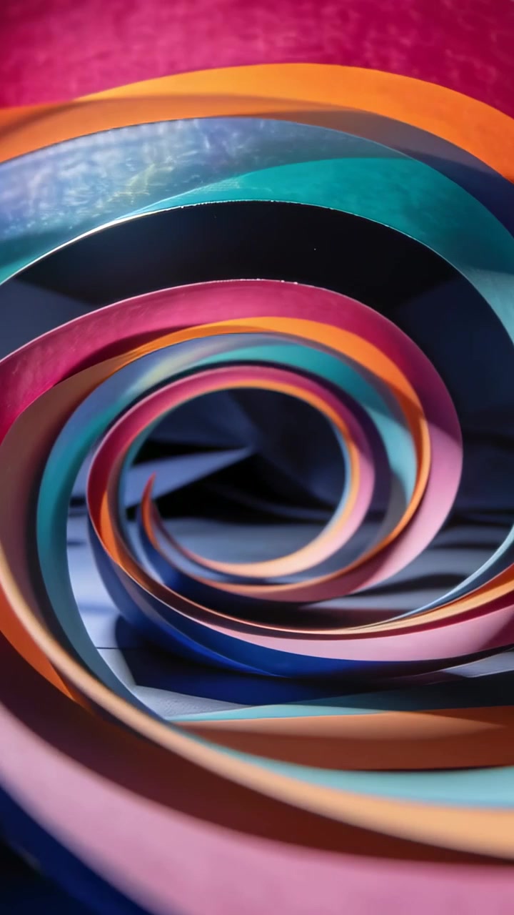 Vertical video: Panning camera drawing eye into colorful paper spiral on table, lamp flaring