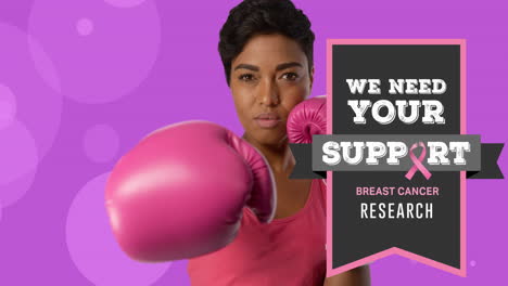 animación de concienciación sobre el cáncer de mama texto y cinta rosa con mujer biracial con guantes de boxeo