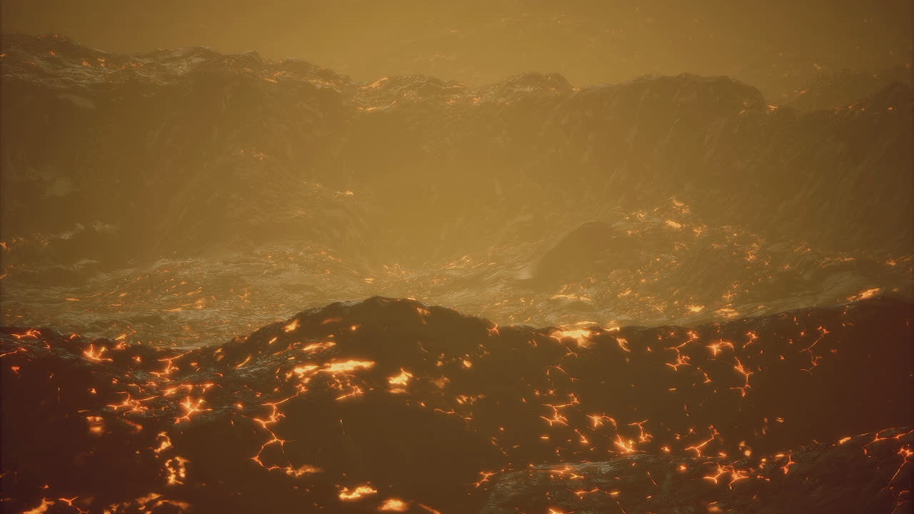 夕焼け時の溶岩流と火山地形が、この世のものとは思えない雰囲気を作り出します。