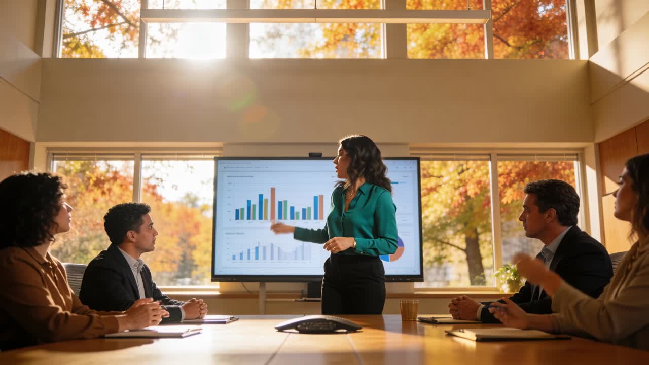 Pointing presenter in green top black pants as charts appear, explaining trends to team in meeting