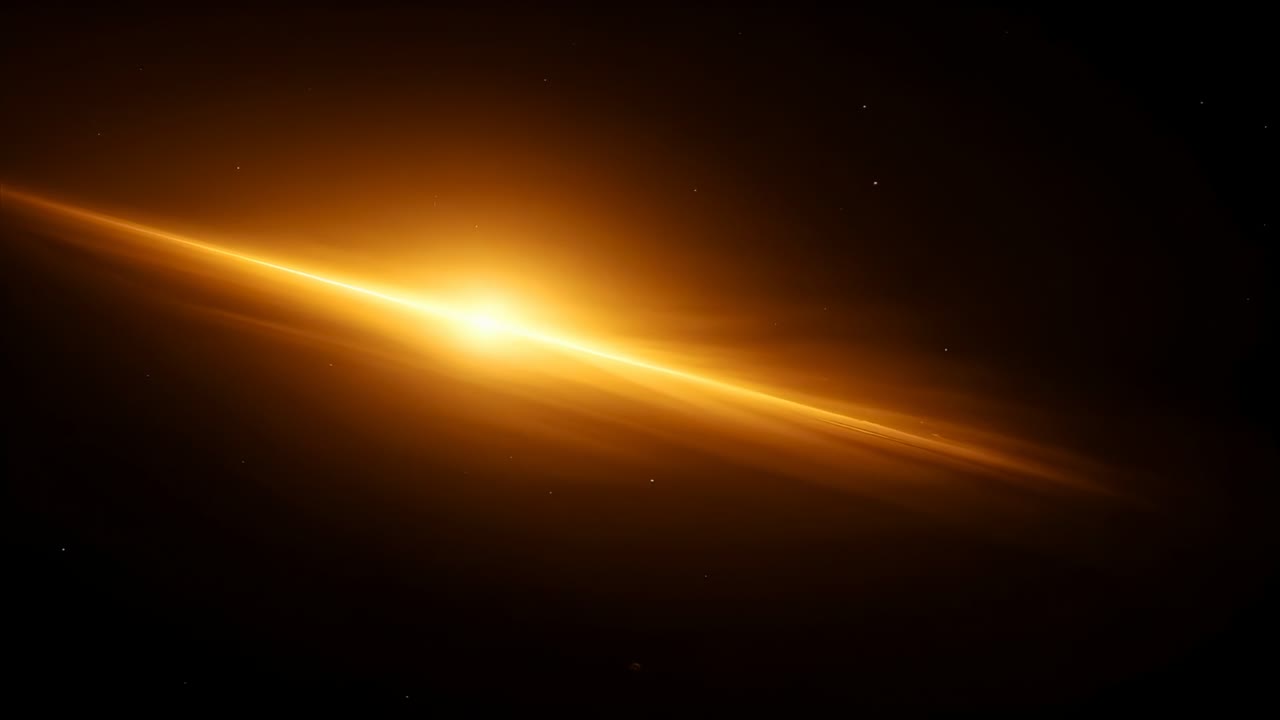 Fascia diagonale dorata brillante che si allarga sulle inquadrature in un campo stellare scuro con alone e raggio scia