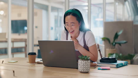 asian woman, laptop and celebration fist