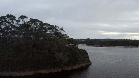 Antenne:-Drohne-Erhebt-Sich-über-Bäume,-Um-Boote-Zu-Enthüllen,-Die-Auf-Einem-See-In-Der-Nähe-Von-Strahan,-Tasmanien,-Australien,-Schwimmen