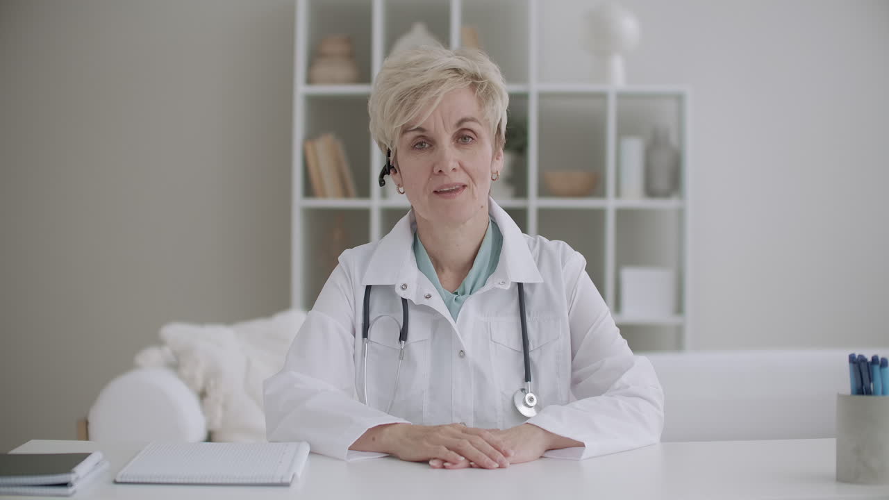 female pediatrician is consulting online from her office in hospital distant communication with best health specialist