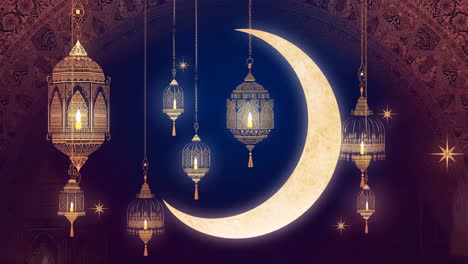 ramadan night sky with crescent moon and ornate lanterns