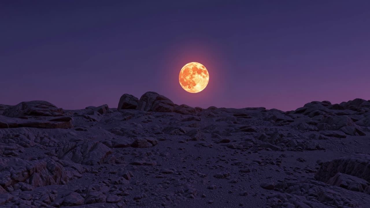 Orange Moon over a Rocky Martian Landscape