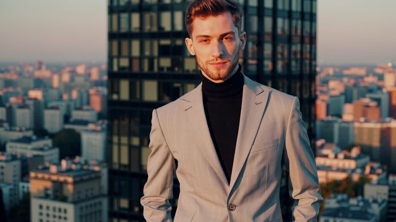젊은 기업가는 옥상 위에 서서 배경에 도시 풍경을 가지고 있으며, 그의 스타일리시한 회색 슈트와 검은색 터틀에서 자신감과 성공을 발휘합니다.