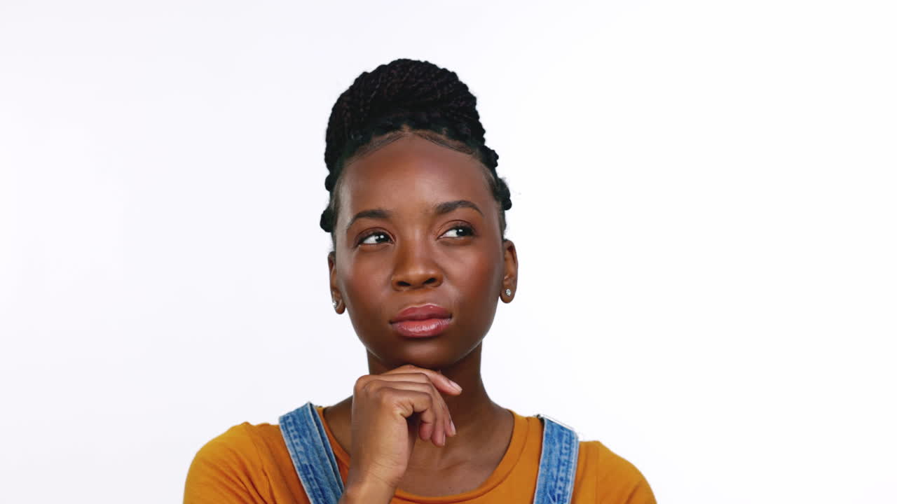 Thinking, doubt and portrait of a black woman