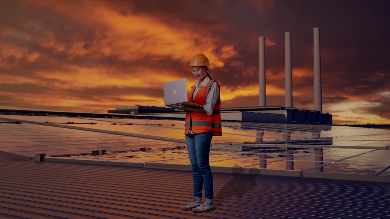 Sidebillede i fuld figur af en asiatisk kvindelig ingeniør med sikkerhedshjelm, der står og arbejder på en bærbar computer, mens hun inspicerer solpaneler på et tag ved solnedgang.