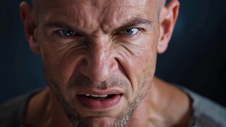 Intense Portrait of a Man with a Focused Expression Capturing Emotion and Depth with Strong Features and a Resolute Gaze Against a Dark Background