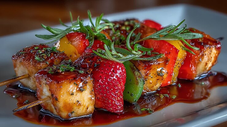 Savourez le délice de brochettes grillées composées de poulet succulent, de poivrons colorés et de fraises fraîches, arrosées d'une sauce riche et garnies d'herbes aromatiques
