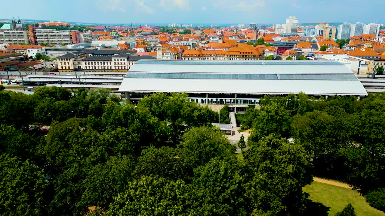 4K Aerial Drone Video of the Train Station in Downtown Erfurt, Germany