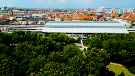 4k aerial drone video of the train station in downtown erfurt, germany