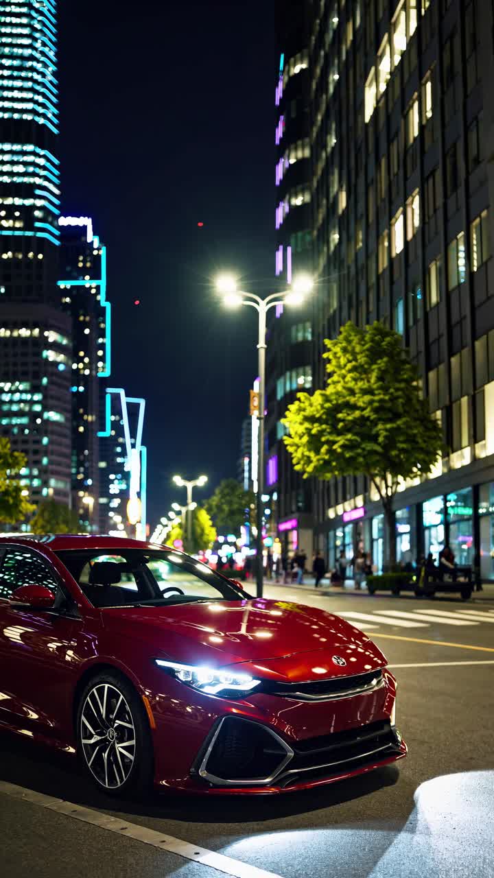 Low-angle video shot of a sleek red car on a city street at night, with vibrant lights