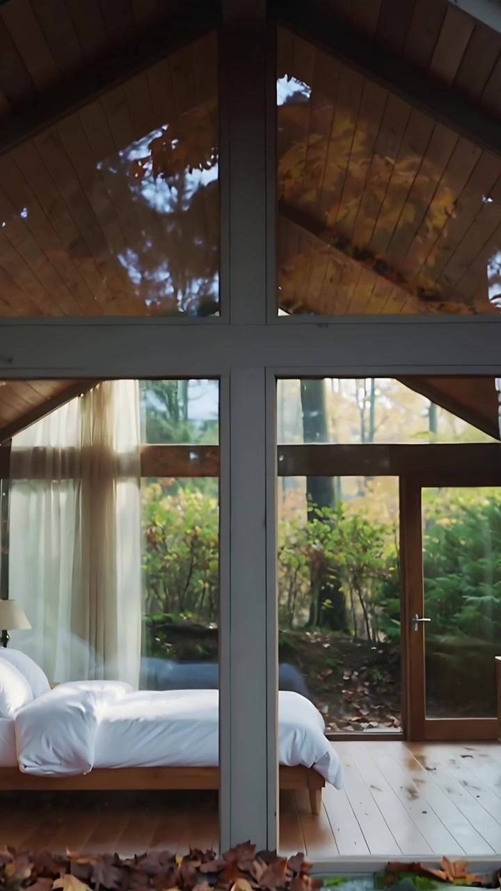 Video verticale: Telecamera che si inclina dalla cima, camera da letto in cabina di vetro che rivela letto e terrazza, mostrando la foresta.