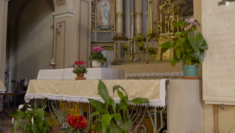 an inside view of the altar of a catholic church, having beautiful and antique art work with the picture of mother mary and others holy saints