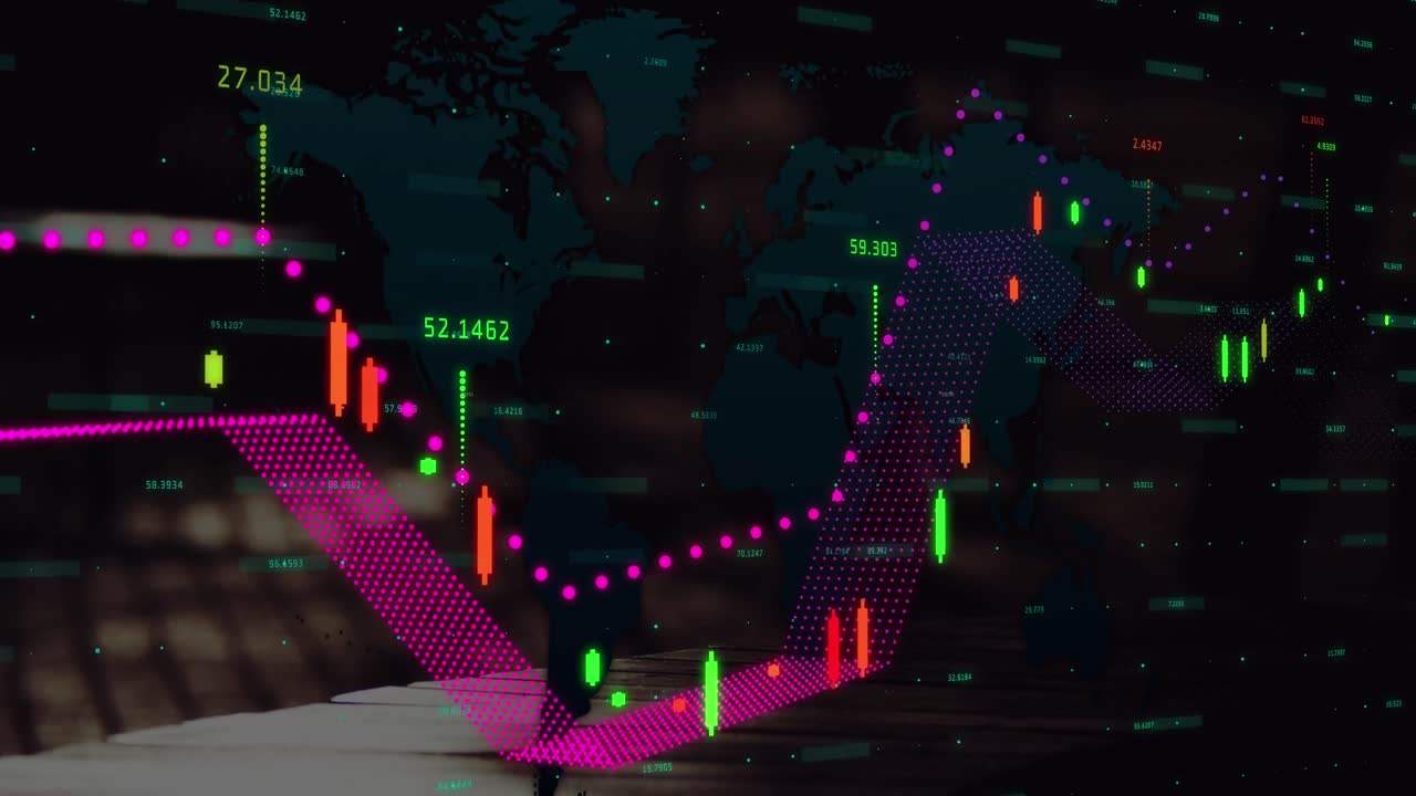animación del procesamiento de datos financieros sobre el mapa del mundo contra la sección baja de personas que caminan