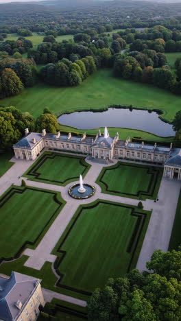 aerial view of a grand palace and its manicured formal gardens with fountains