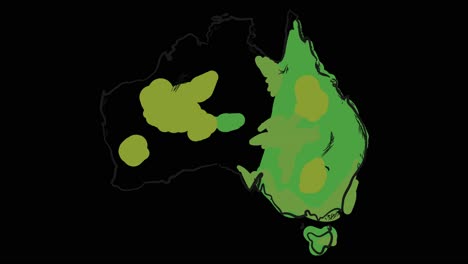 animated self-drawing australia map in line art, lines forming the map outline against a black background alpha channel mode overlay, this animation represents national pride and identity