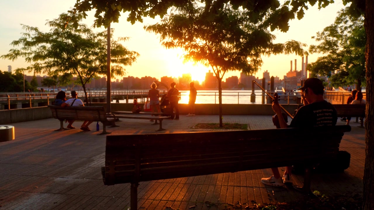 New York, USA, 26. Mai 2026: Geiger auf einer Parkbank bei Sonnenuntergang, Uferpromenade von Williamsburg, Brooklyn. Silhouetten von Menschen, Hund, Bäumen und der Skyline von Manhattan im Gegenlicht jenseits des East River