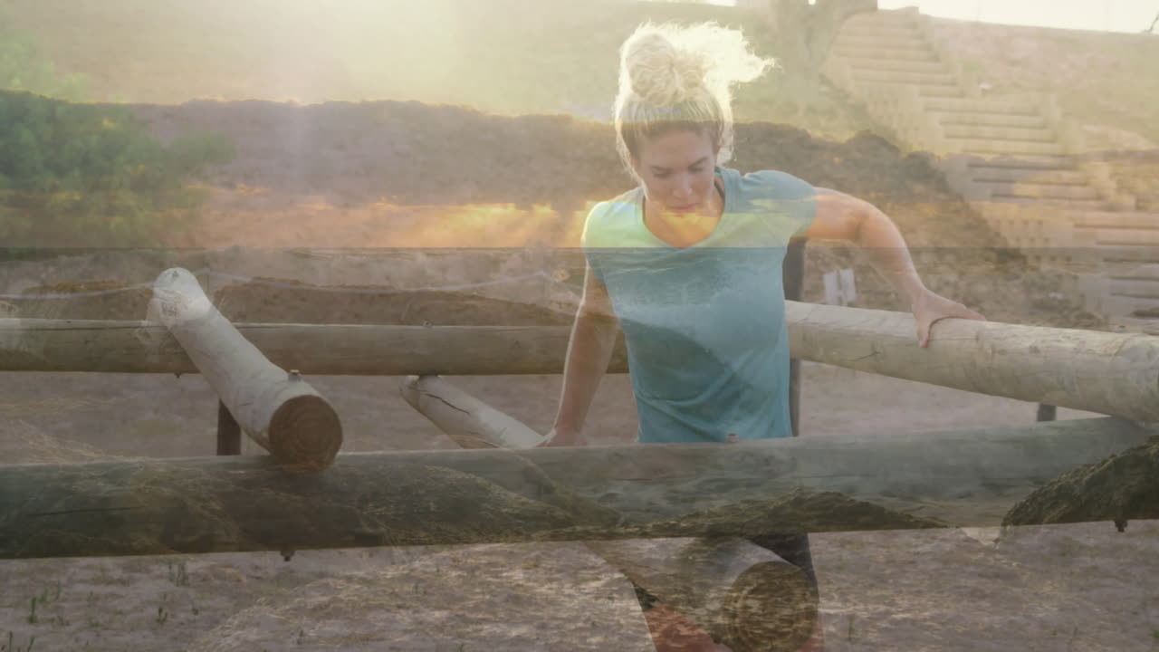 Climbing wooden obstacle, woman in scenic landscape with animated background